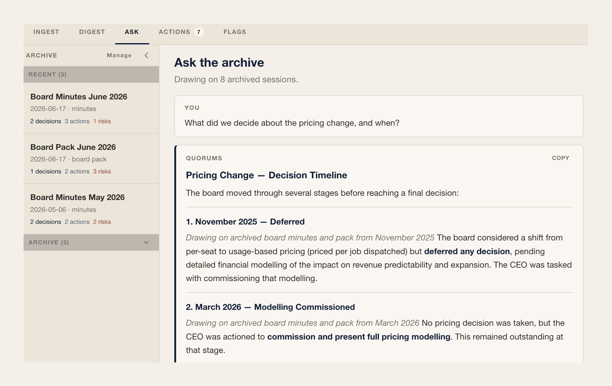 Quorums answering “What did we decide about the pricing change, and when?” with a dated, sourced timeline